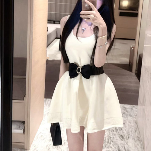 LXYG法式气质U领掐腰显瘦蝴蝶结连衣裙女无袖针织背心裙小个子夏