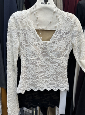 BAI NI ER加绒V领蕾丝带胸垫白色长袖性感打底衫短款修身花边上衣
