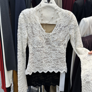 修身 ER加绒V领蕾丝带胸垫白色长袖 短款 花边上衣 性感打底衫 BAI