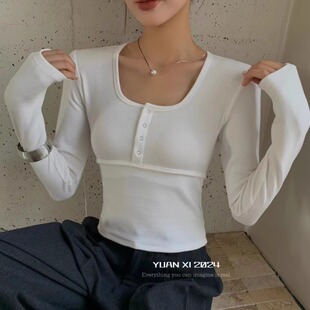 女修身 元 打底衫 1设计感螺纹棉方领扣子长袖 显瘦2025秋T恤 熙8022