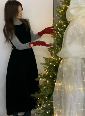 AT fashion秋冬新法式气质黑色丝绒背心裙女中长款无袖系带连衣裙