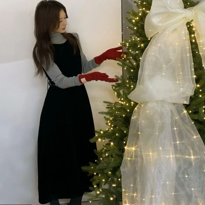 AT fashion秋冬新法式气质黑色丝绒背心裙女中长款无袖系带连衣裙