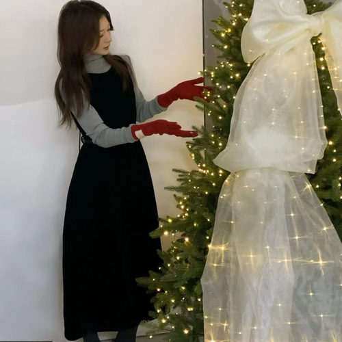 AT fashion秋冬新法式气质黑色丝绒背心裙女中长款无袖系带连衣裙