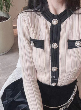 LXYG小香风拼色毛衣女红色战袍短款针织开衫修身显瘦名媛洋气外套