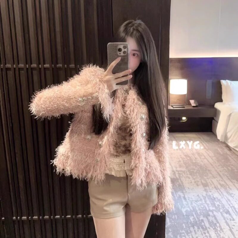 LXYG重工定制小香金扣流苏毛毛针织开衫女秋垫肩显瘦减龄短外套春