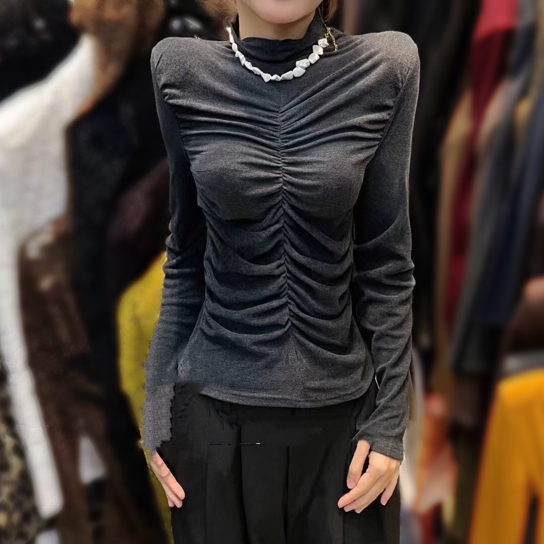 BAI NI ER秋冬新款纯欲半高领气质磨毛褶皱长袖上衣女修身打底衫