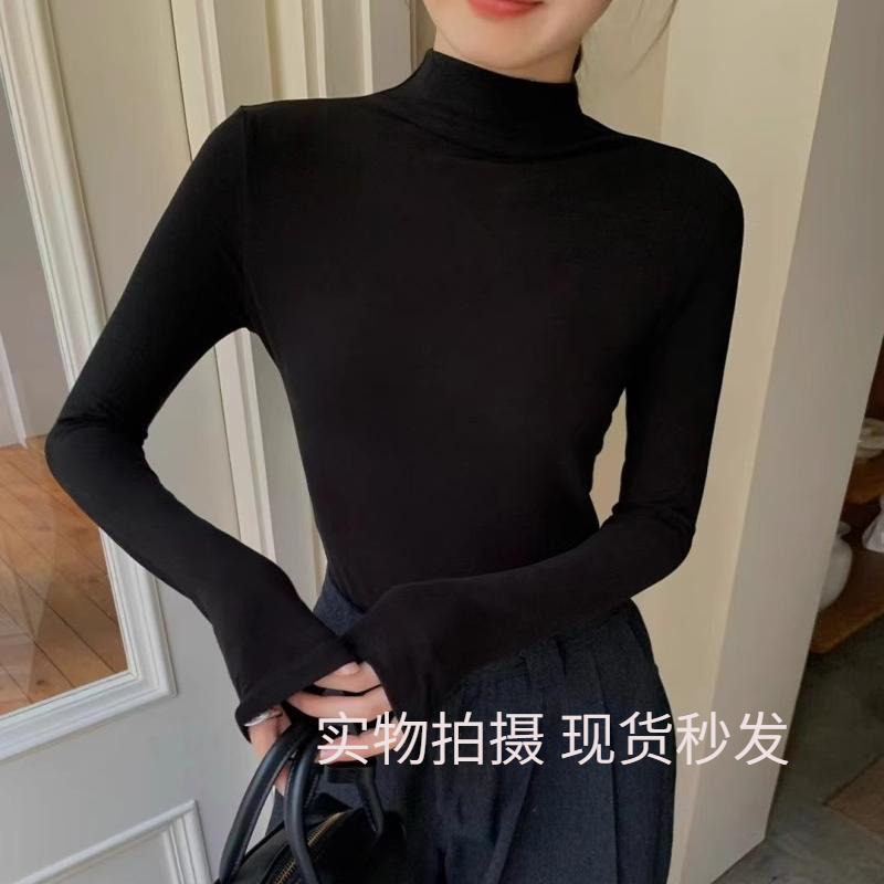 YUAN YI元熙8220修身显瘦半高领长袖T恤女秋正肩磨毛上衣打底衫春