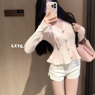 针织开衫 LXYG1159秋季 气质V领收腰显瘦长袖 法式 女配丝巾上衣 新款