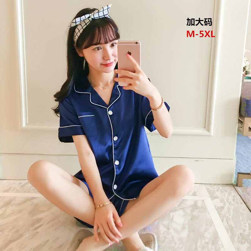 睡衣女夏冰丝短袖两件套装加肥加大码胖mm200斤真丝绸宽松家居服