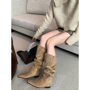 尖头西部牛仔靴女粗跟绒面低跟显瘦大筒围长筒过膝复古褶皱堆堆靴