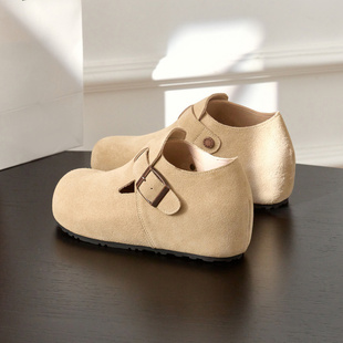 真皮全包勃肯鞋女厚底5CM内增高外穿一脚蹬博肯单鞋包头鞋女软底