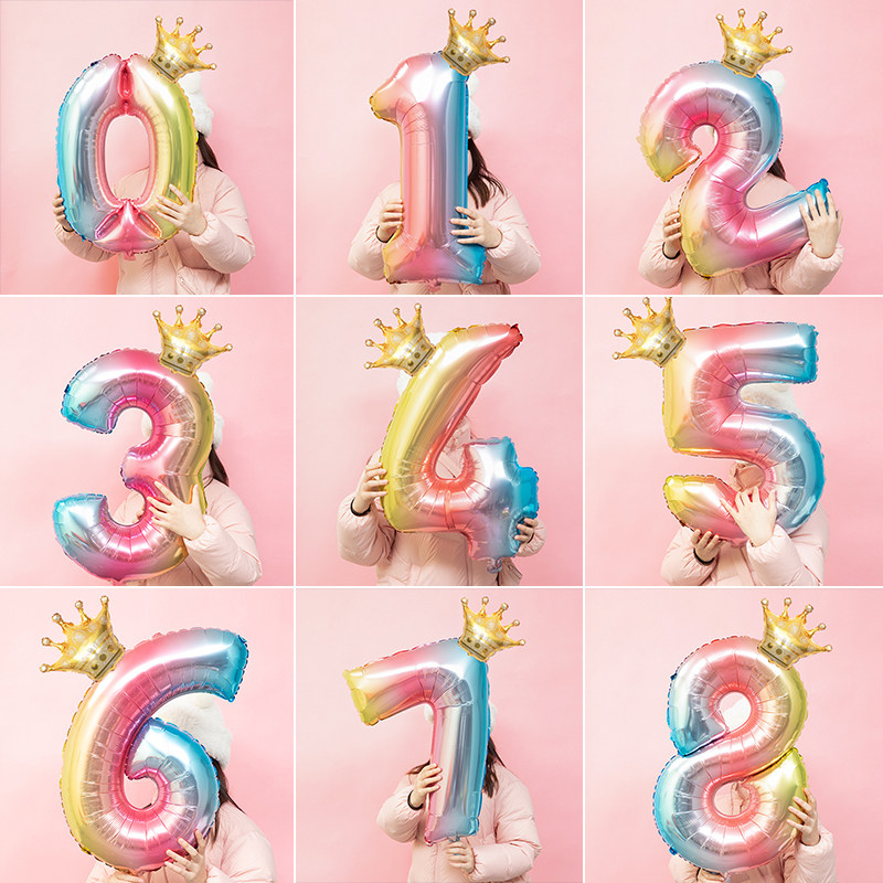 儿童生日渐变色皇冠数字气球装饰场景布置铝膜男孩女孩周岁背景墙,节庆用品/礼品,飘空气球,淘宝优惠券,粉丝福利购,淘宝优惠卷