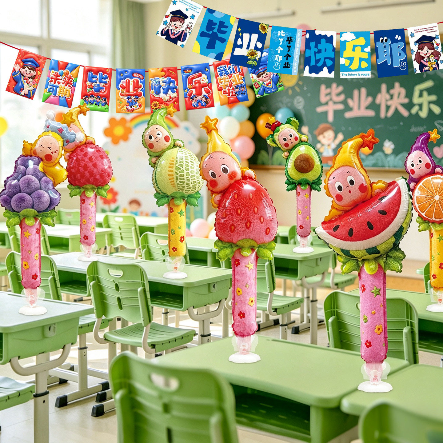 幼儿园小学毕业教室氛围布置星星人手持棒气球桌面摆件装饰品道具