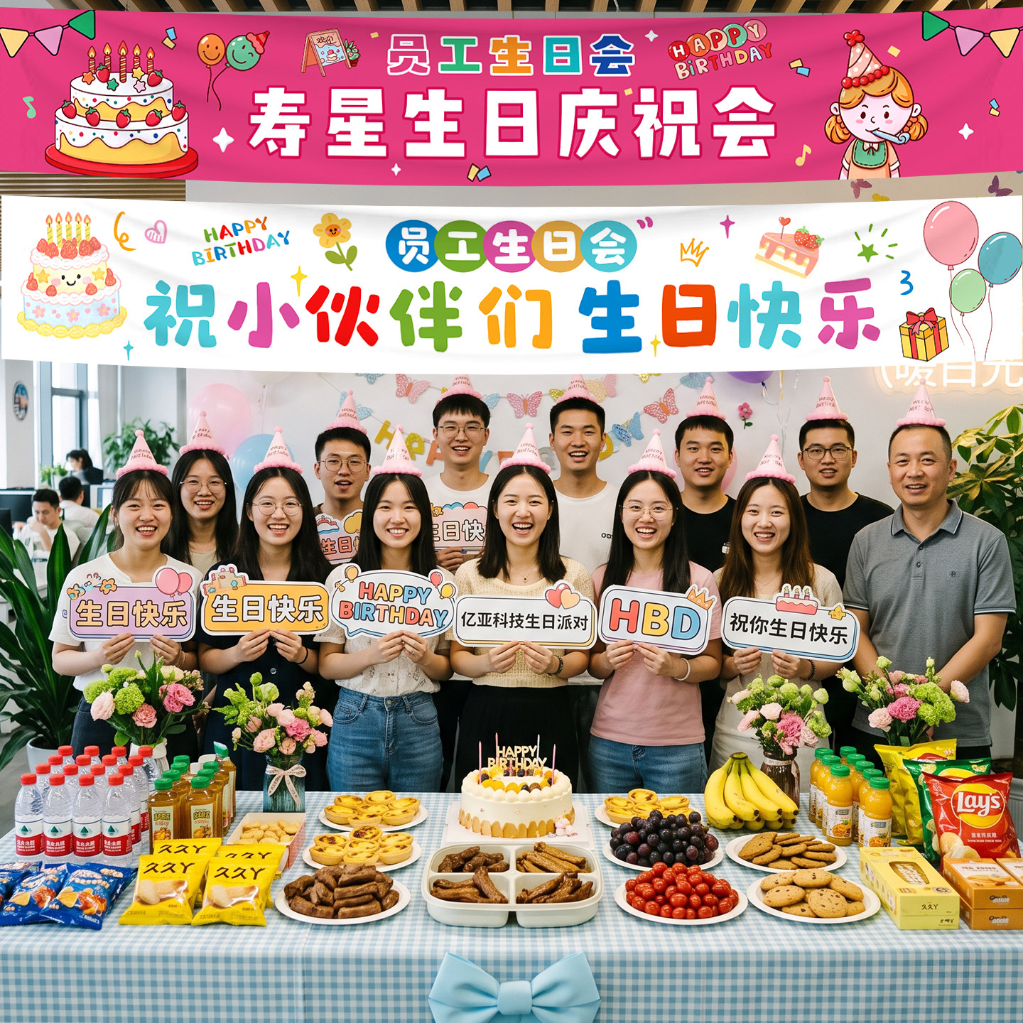 公司员工生日会横幅企业集体派对装饰定制氛围桌布置场景拍照道具 - 实物图