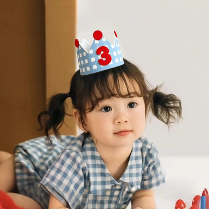 儿童皇冠数字生日帽男女孩蓝色格子宝宝两3周岁拍照道具装饰派对
