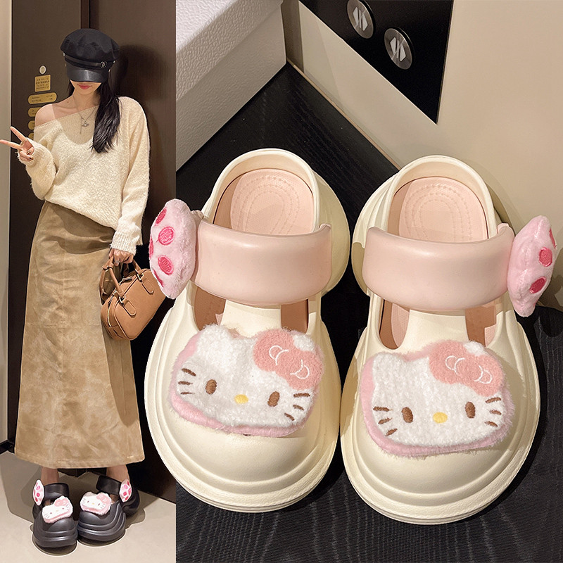 hellokitty可爱卡通厚底洞洞鞋女外穿2025夏季新款增高沙滩凉拖鞋