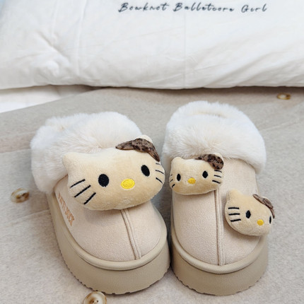 HelloKitty毛毛拖鞋女外穿2025冬居家卡通可爱棉拖加绒雪地靴半拖