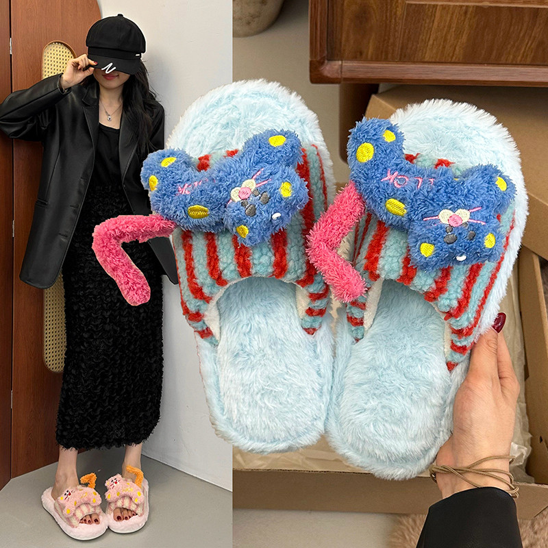居家拖鞋可爱卡通女2025冬ins条纹毛毛拖鞋室内一字多巴胺棉拖鞋,居家布艺,居家棉拖/棉鞋,淘宝优惠券,粉丝福利购,淘宝优惠卷