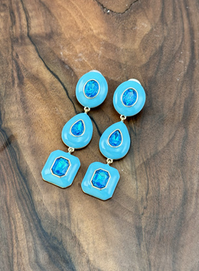 欧美饰品蓝色水滴耳环女高级感轻奢气质复古港风耳钉中古夸张耳饰