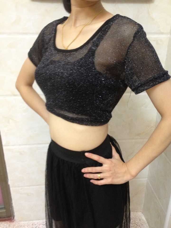 网纱T恤女夏露肚脐半截打底衫瑜伽透视肚皮舞蹈服装上衣
