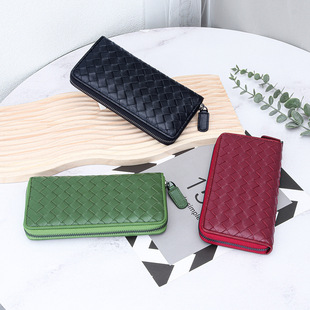 真皮女士长款钱包大容量新款多卡位拉链手拿钱夹羊皮编织放手机包