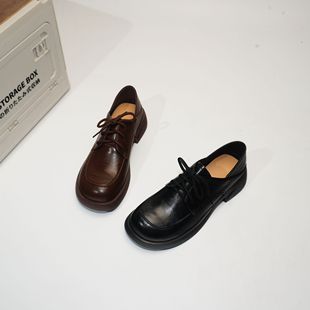 女鞋 43新款 秋百搭英伦风圆头系带低跟乐福鞋 8527 粗跟皮鞋 大码