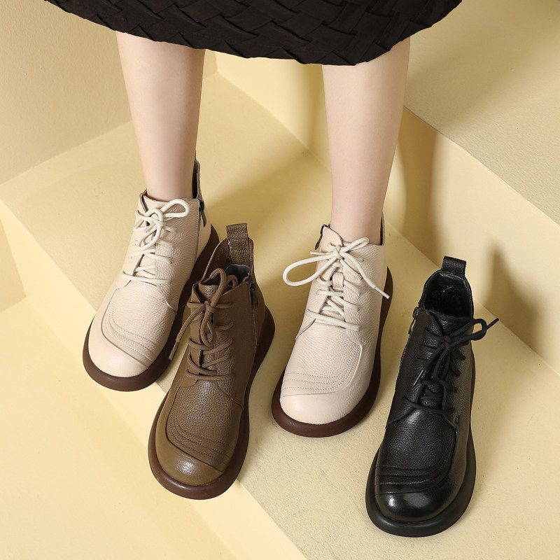 2023秋冬新款真皮马丁靴圆头平底系带同款英伦风大码单款加棉短靴