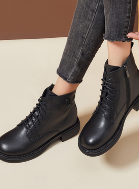 W216-10 真皮马丁靴2023英伦风平底粗跟加绒短靴女大码女鞋