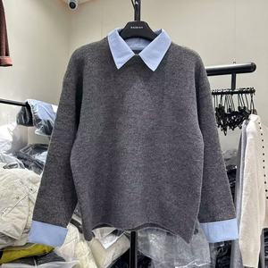 欧货学院风polo领灰蓝拼接撞色针织衫秋冬装慵懒风宽松毛衣上衣女