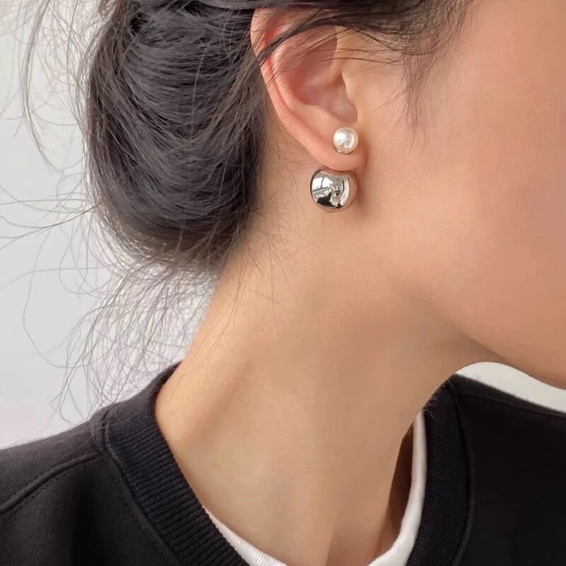 高级感双球金属球虎眼石耳钉女简约个性施家珍珠耳饰前后戴耳环