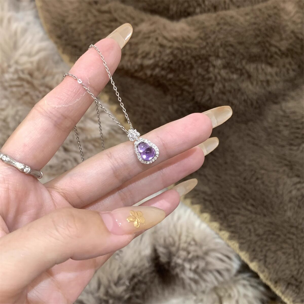 925银新中式古风紫色小葫芦项链玉吊坠轻奢气质锁骨链清冷感设计