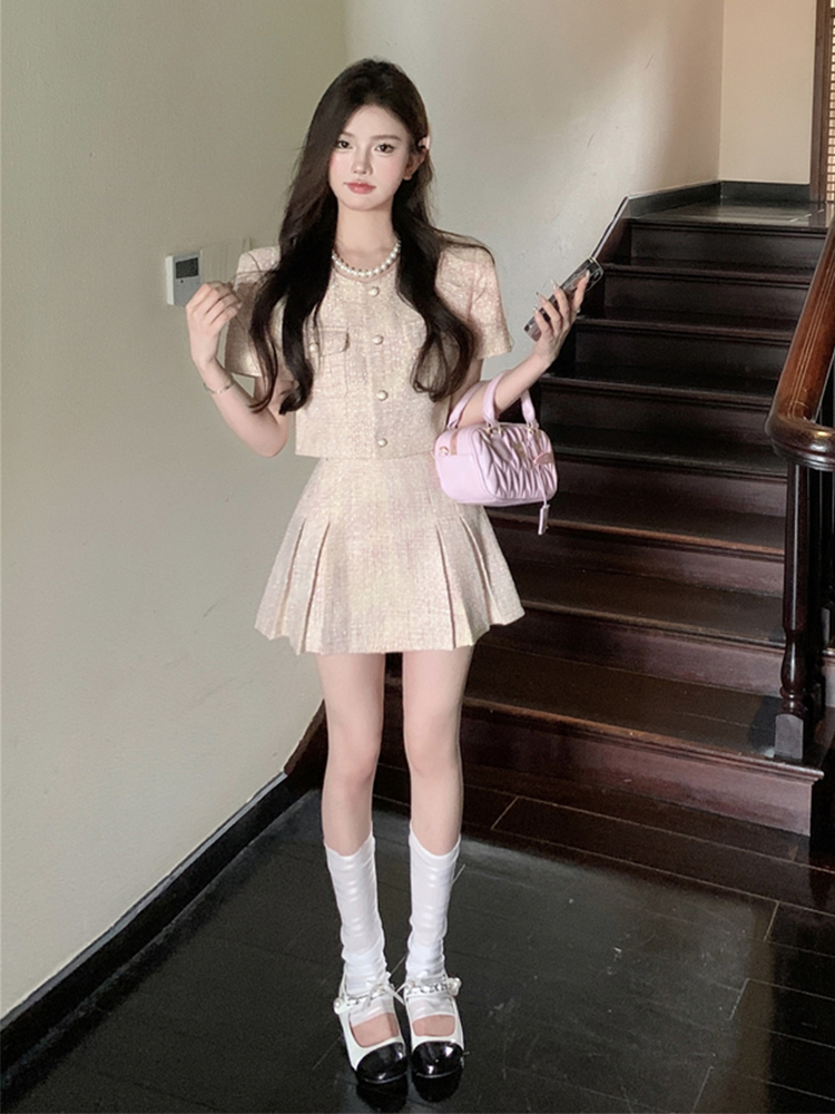 胖mm法式名媛小香风套装女夏大码高级感短款上衣高腰半身裙两件套
