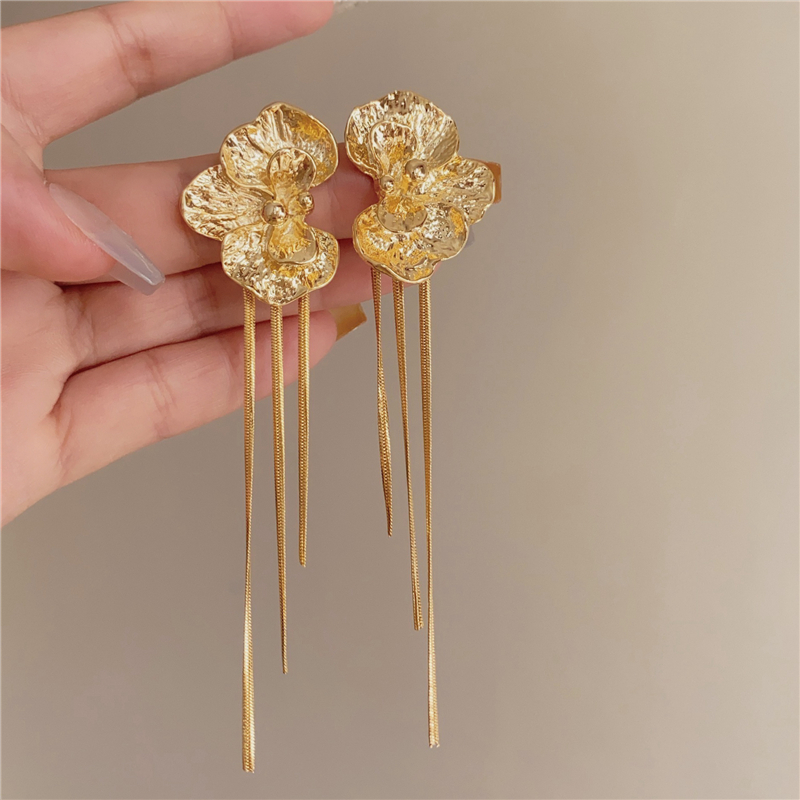 锕芙佳朵~浪漫法式复古金属花朵流苏长款耳环 小众仙气质度假耳饰