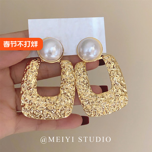 光影斑驳~巴洛克金属几何捶打质感珍珠耳环 复古法式高级ins耳钉