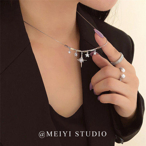 Y2k千禧辣妹个性镶锆十字架星星吊坠锁骨链 高级感时髦精致项链潮