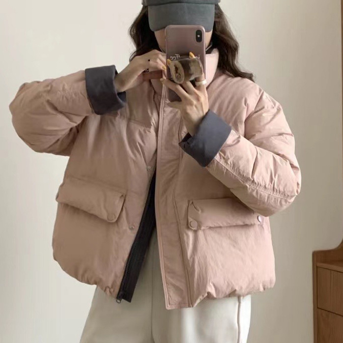 嘉兴平湖2024年新款撞色拼接韩国东大门羽绒服女短款立领宽松外套