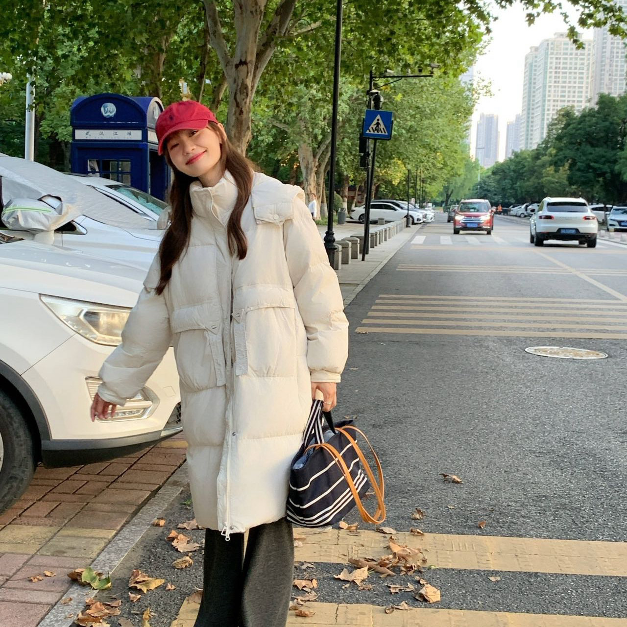 2026新款冬季羽绒服女中长款连帽休闲粉色甜美减龄宽松长过膝外套
