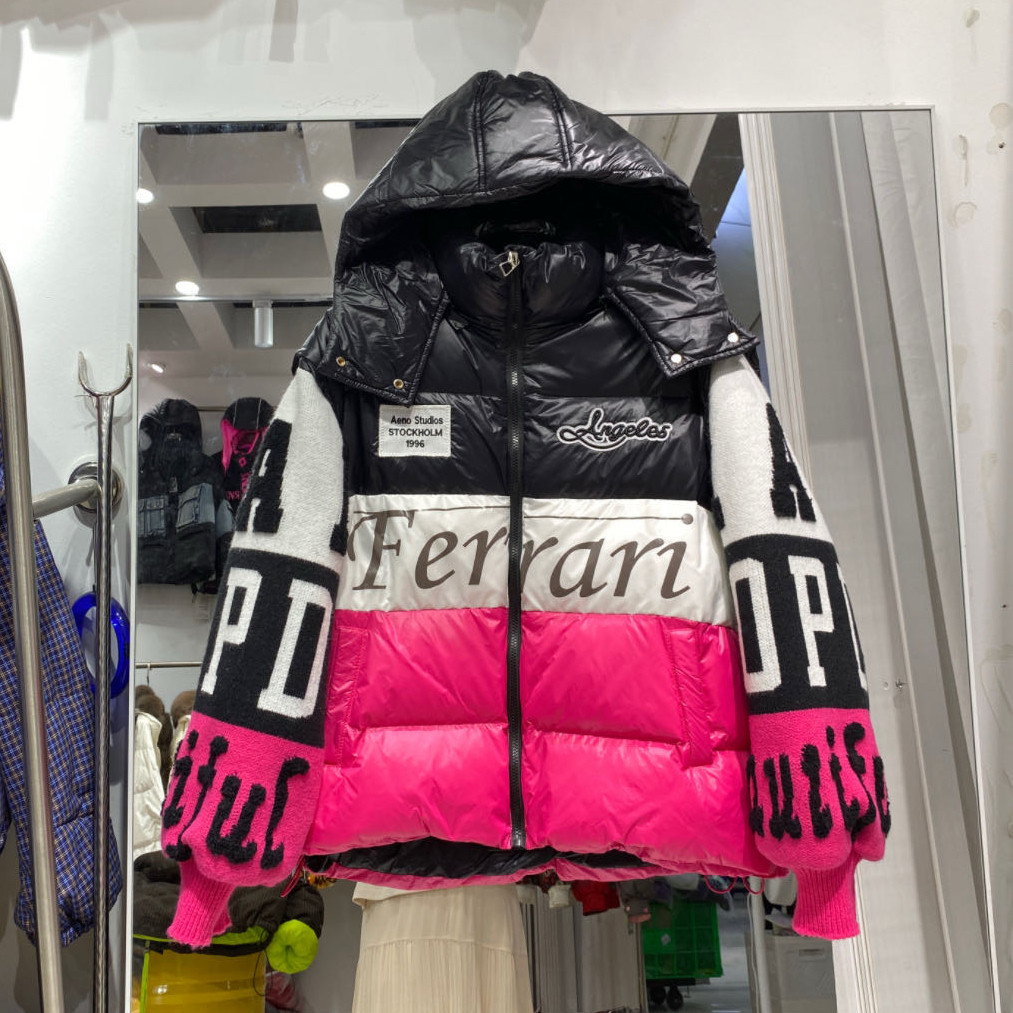 欧货羽绒服女2026冬季新款个性亮面字母印花针织袖宽松面包服外套