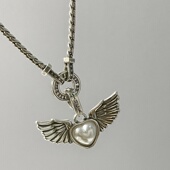 925原创翅膀爱心珍珠吊坠挂坠环形蛇骨链潮男女项链锁骨链配饰