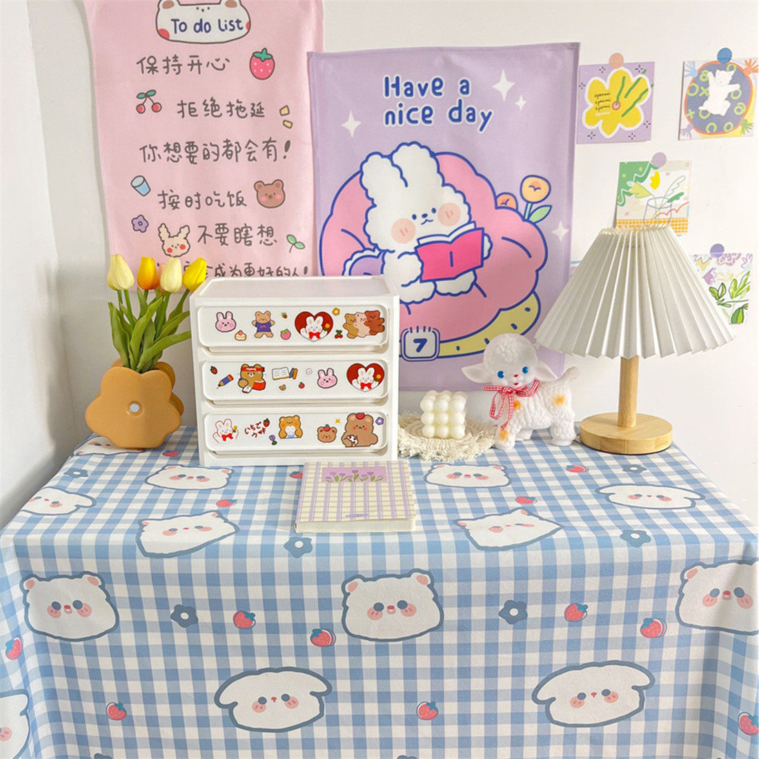 可爱卡通ins风桌布网红格子书桌布房间宿舍课桌背景布改造书桌