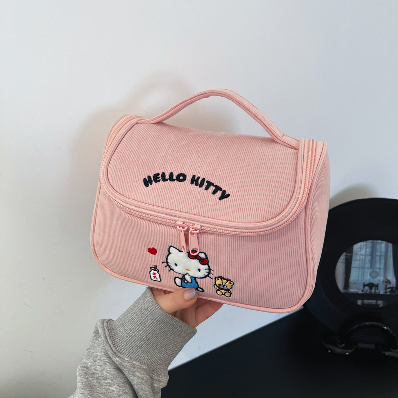 HelloKitty灯芯绒化妆包立式大容量手提化妆品刷子多格分区收纳包