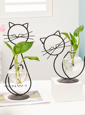 简约猫咪铁艺花器水培插花花瓶创意家居客厅餐厅桌装饰创意摆件