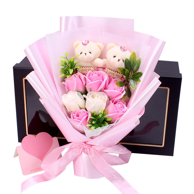 亚马逊情人节七夕礼物小熊香皂花束7朵玫瑰礼盒教师节礼品花