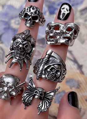 欧美跨境新款创意暗黑复古风兔子蝴蝶戒指时尚嘻哈小丑死神戒指女