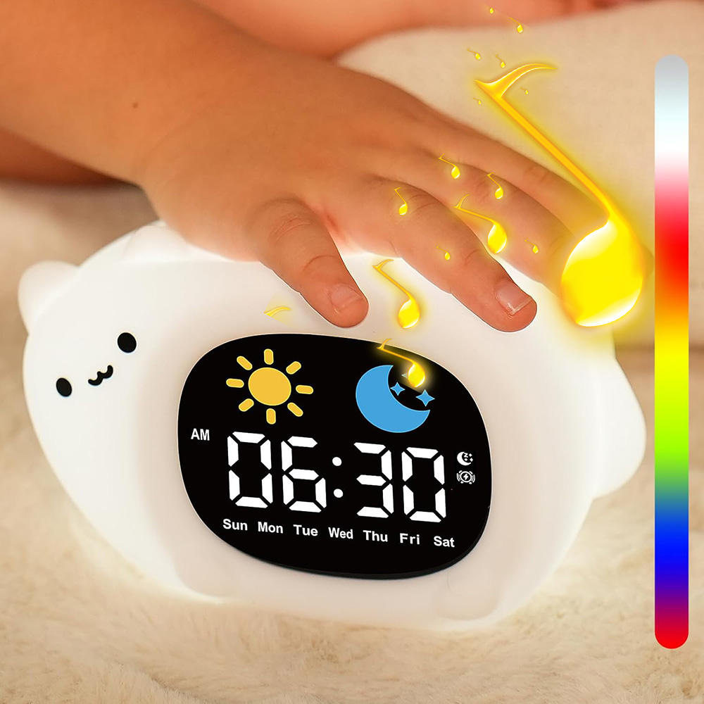 跨境新款小猫硅胶闹钟儿童日出唤醒睡眠训练小夜灯LCD数字闹钟