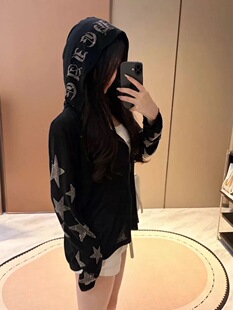 克罗家新款星星十字架梵文烫钻连帽防晒衫女外套开衫长袖宽松女潮