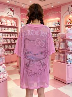 hellokitty猫remake重工烫钻金丝绒炒中长防晒衫短袖T恤女夏宽松