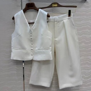 女 套装 日系新款 醋酸真丝领包边拼接丝毛收腰马甲搭配高腰五分西裤