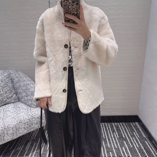 进口西班牙纯种美丽奴巴卡大菱格立领H版型皮毛一体大衣皮草女