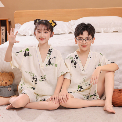 儿童纯棉汗蒸服双层纱男童女童国风可爱宝宝亲子全棉浴服家居睡衣